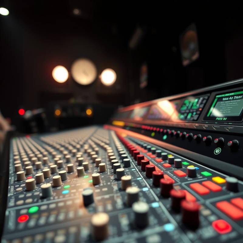 Et stort professionelt mixing console med mange drejeknapper og lys.